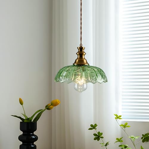 1 Light Pendant Light with Brass Gold Metal Green Glass Shade and Adjustable Cord Industrial Ceiling Hanging Light for Kitchen Island Bar Dining Room Bedroom Foyer Hallway Farmhouse