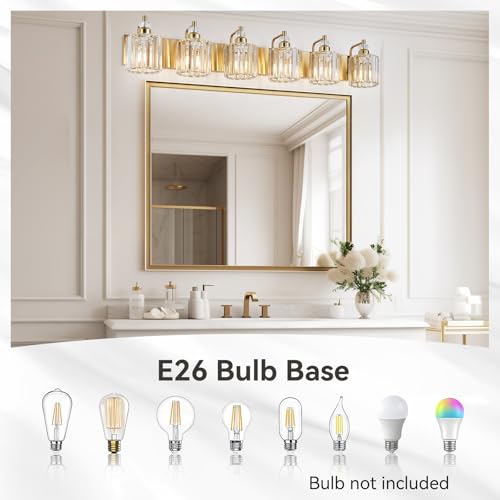 6 Light Modern Vanity Lights Brushed Brass Bathroom Light Fixtures Over Mirror Gold Bathroom Vanity Lighting with Crystal Shade E26 Base Wall Sconce for Bedroom Living Room Restroom Wall Lamp