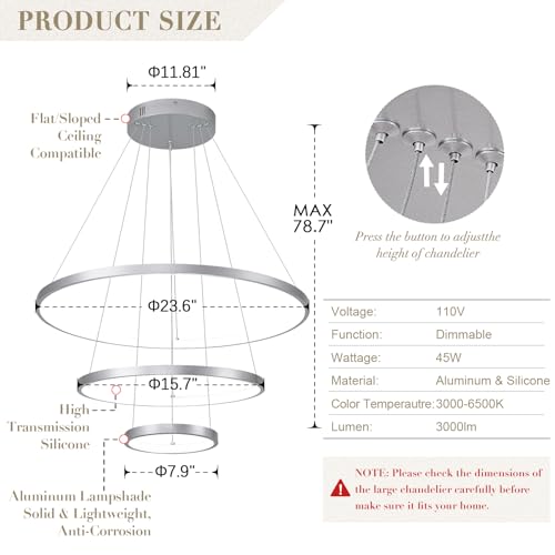 Modern Silver LED Chandeliers 3 Rings Chandelier 23.6" Dimmable LED Pendant Light Fixture Remote Control Contemporary Flush Mount Chandelier for Dining Room Bedroom Foyer