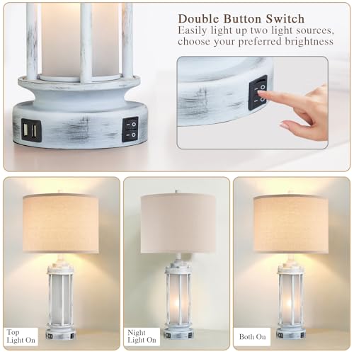 25" Set of 2 Antique White Rustic Table Lamps 2 USB C+A Ports (2 Count)