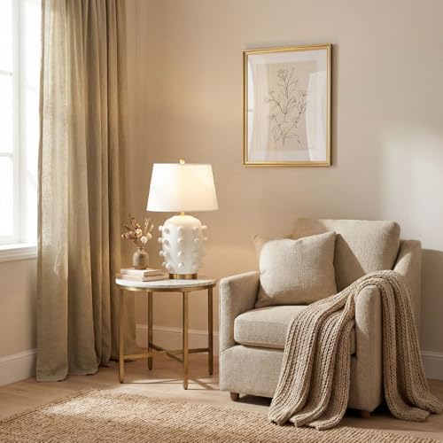 26'' Modern White Ceramic Linden Table Lamp & Fabric Tapered Drum Shade with Brass Base for Living Room