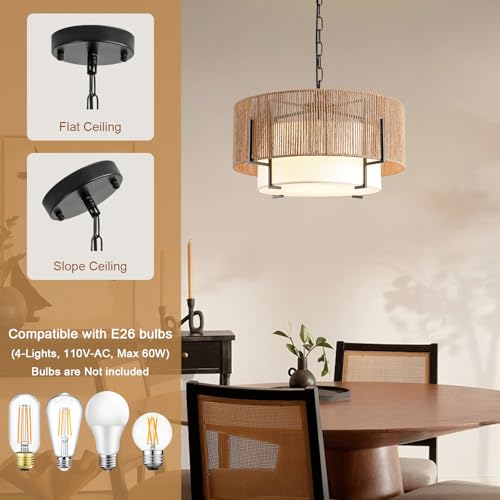 4 Light Rattan Chandelier for Dining Room