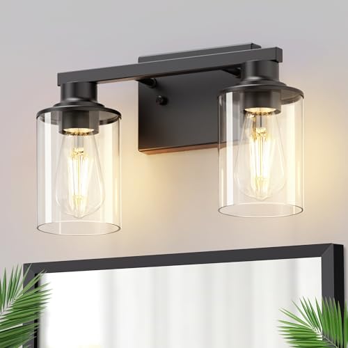 2 Light Black Bathroom Light Fixtures Over Mirror with Clear Glass Shade