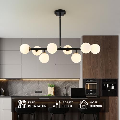 Sputnik Black and Gold Chandelier Pendant Linear Light Modern Mid Century Light Fixture White Globe Shade for Dining Living Room Kitchen Island 8