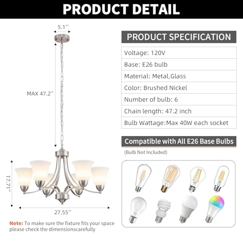 6 Lights Brushed Nickel Dining Room Light Fixture Farmhouse Modern Chandelier Pendant Light Silver Adjustable Ceiling Hanging Lighting with Frosted Glass for Kitchen Island Living Room Foyer (6 Count)