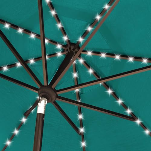 USA 10-Year-Non-Fading 10ft Market Patio Umbrella, Commercial Grade Table Sun Umbrella with 80 Solar LED Lights, Crank Open, Windproof & UPF 50+ UV Protection for Garden, Deck, Pool, Backyard, Teal