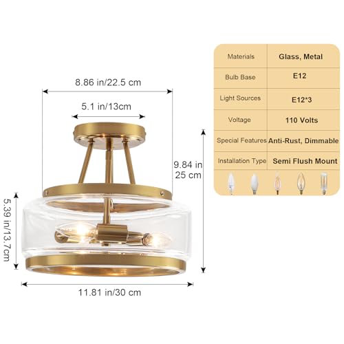 11.8" Gold Semi Flush Mount Ceiling Light