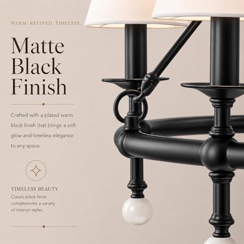 6 Light W34 Inch Matte Black Statement Chandelier with White Pleated Fabric Shades and Alabaster Finials Large Round Designer Lighting for Dining Room Living Room