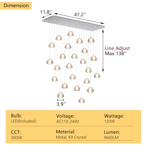 24 Lights Modern Rectangular Crystal Chandelier LED Raindrop Ceiling Pendant Light Crystal Lighting Fixture for Living Room Hotel Staircase Hallway Foyer Entryway Bedroom Silver