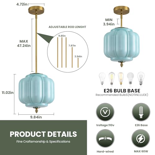 Vintage Blue Glass Pendant Lights 9.8 Inch Mid Century Modern Hanging Ceiling Light