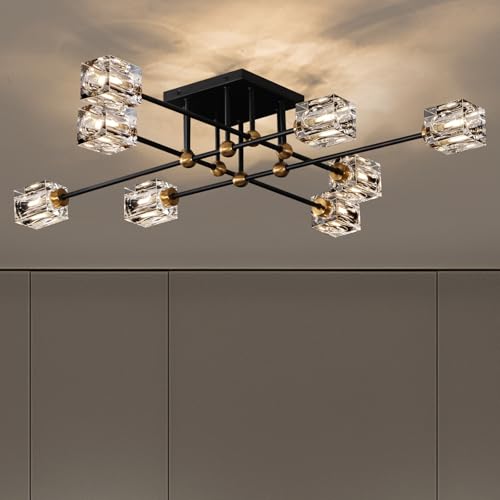 8 Light Crystal Ceiling Light Fixture Black and Gold Semi Flush Mount Ceiling Light Modern Chandeliers for Dining Room Kitchen Island Living Room Bedroom