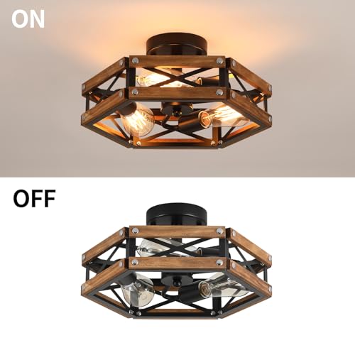 2 Pack 3 Light Rustic Farmhouse Wood Flush Mount Ceiling Light Fixture Oak Wood and Metal Cage Semi Flush Mount Ceiling Light for Hallway Hall Entry Bedroom Kitchen Farmhouse (2 Count)