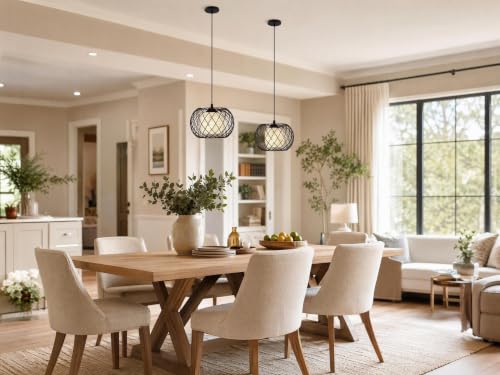 Black Metal Cage Rattan Pendant Light