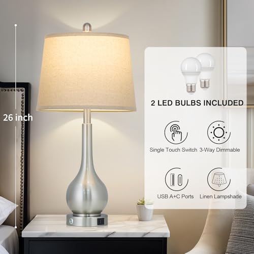 26" Silver Metal Table Lamps Set of 2 for Bedrooms (2 Count)