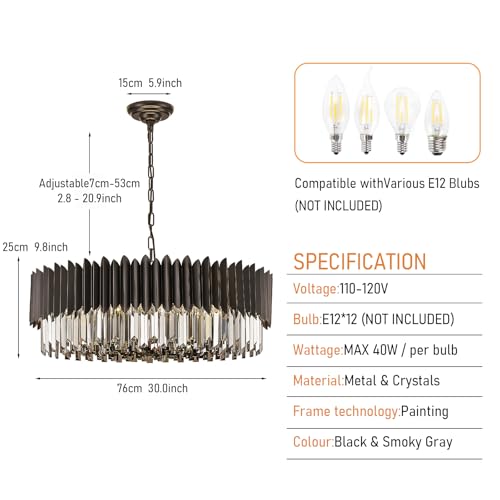 12 Light Large Crystal Chandeliers 30" Dining Room Light Fixture 6 Tiers Flush Mount Smoke Gray and Black Crystal Chandelier Round Pendant Light for Kitchen Living Room Entryway Foyer