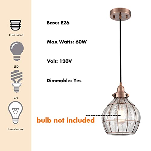 Kitchen Pendant Light Red Antique Copper with Cracked Glass Shade
