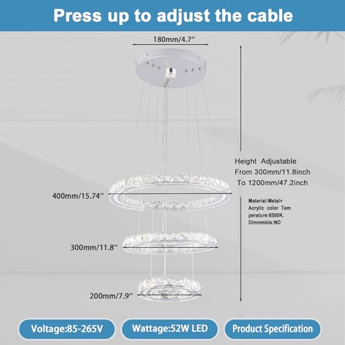 3 Ring Crystal Chandelier LED Pendant Light 47W 6500K Cool White