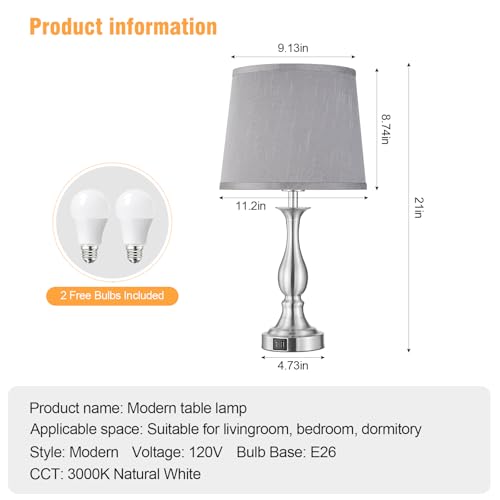Bedside Table Lamp Touch Control Bedroom Lamps with USB A + C Charging Port 3 Way Dimmable Touch Lamps for Nightstand Living Room Bedroom Dorm Home Office Reading (2 Count)