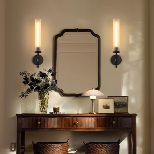 Modern Hardwired Frosted Glass Bathroom Black Wall Sconces 2PC