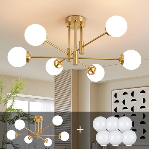 Gold Sputnik Ceiling Light Fixture 6 Light with Milk White Glass Shade