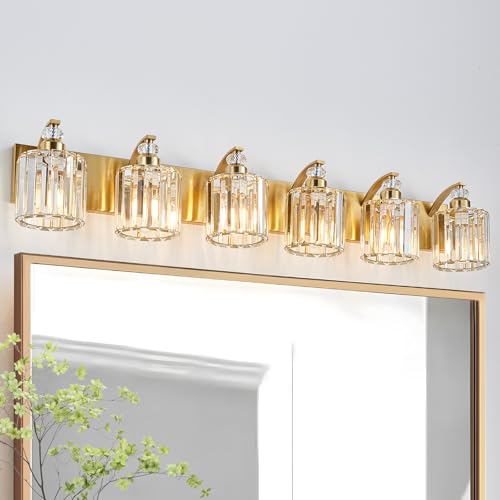 6 Lights Brushed Brass Bathroom Light Fixture Gold Vanity Lights Modern Crystal Bathroom Vanity Lighting Over Mirror Wall Sconce with K9 Crystal Shade E26 Base for Living Room