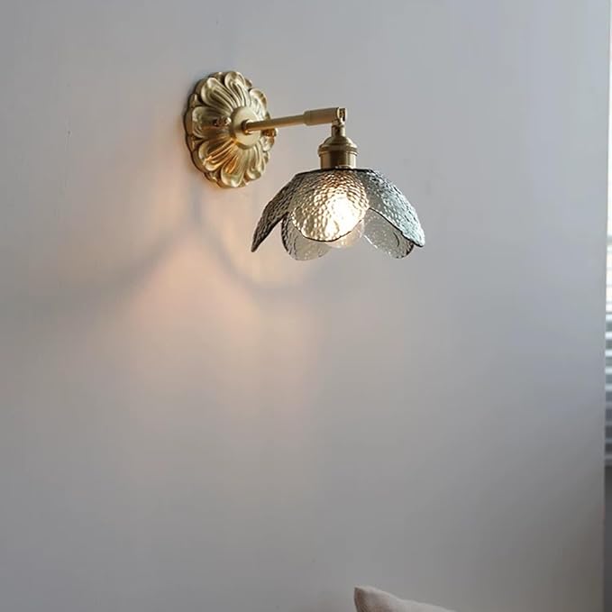 Modern Brass Wall Sconce Flower-Shaped Water Pattern Glass Wall Light Fixture Adjustable Bedside Wall Lamp, Japanese Style Wabi Sabi Polished Brass Wall Sconces for Bedroom Living Room