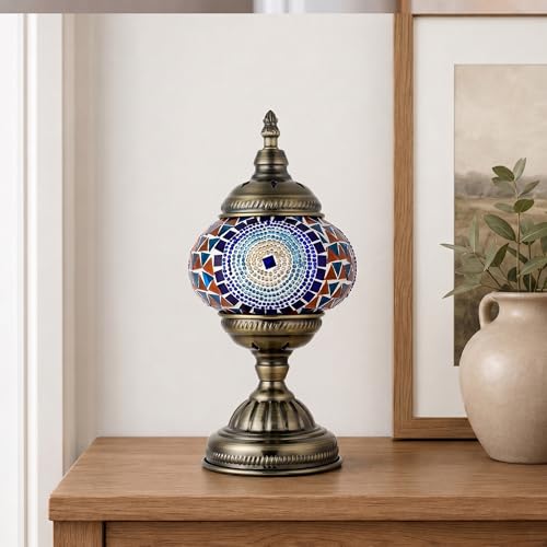 Turkish Moroccan Table Lamp Lantern with Handmade Mosaic Glass Lampshade Tiffany Style Bohemian Stained Glass Decorative Desk Lamps Bedside Night Lights for Bedroom
