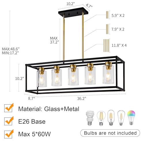 5 Light Dining Room Light Fixture Modern Farmhouse Chandeliers Over Table Black & Brushed Brass Gold Rectangular Pendent Lighting for Kitchen with Glass Shade Hanging Industrial Ceiling Light