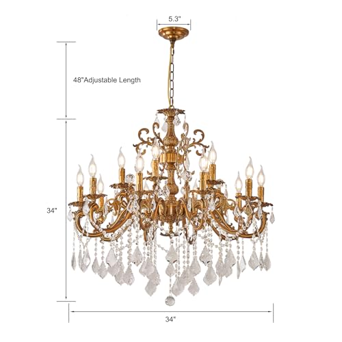 Vintage 10 Arms Crystal Chandelier Candle Light Fixture for Dining Room Living Room Bedroom Hallway Entryway Antique Gold Finish