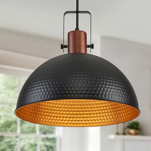 16 Inch Black Pendant Lights Hammered Matte Pendant Lights for Kitchen Island Industrial Farmhouse Adjustable Height Dome Hanging Light Fixtures for Barn
