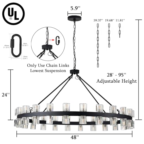 48 Inch Black Wagon Wheel Chandelier with Crystal Shade (48 Count)