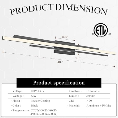 Modern LED Vanity Light 48 Inches Long Black LED Wall Light Over Vanity Mirror Hardwired Wall Mount Lighting Fixture 5CCT
