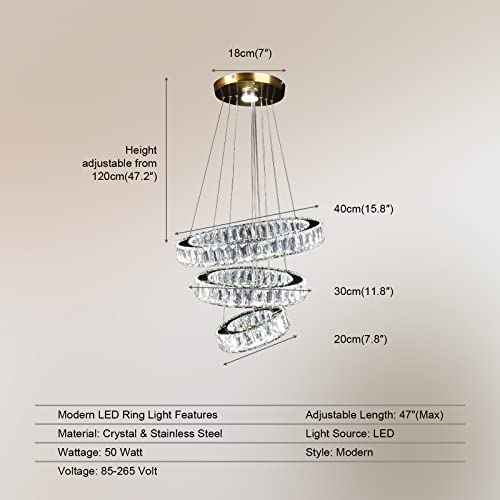 Modern LED Chandeliers Crystal Pendant Light 3 Ring Chandelier Hanging Crystal Ceiling Light Fixture Adjustable Pendant Light for Living Room Dining Room Bedroom Foyer Gold (Cool White)