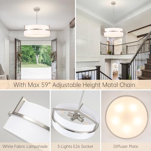 19.7" Drum Chandeliers Brushed Nickel Chandelier with Round Linen Shade