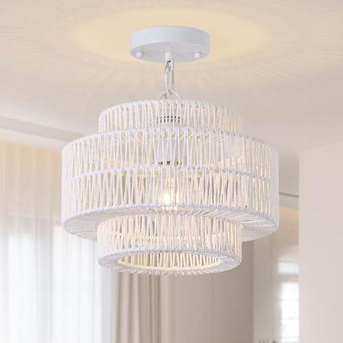 12.4" Large Boho Rattan Farmhouse Chandeliers for Dining Room