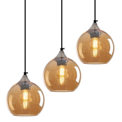 Amber Glass Pendant Lights Kitchen Island Globe Pendant Light Fixtures Modern Pendant Lighting for Bedroom Living Dining Room Light Fixture (3 Count)