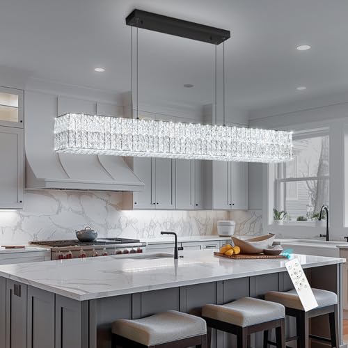 Rectangular Crystal Chandelier with Dimmable LED Lights Dining Room Remote Ceiling Pendants Lighting Fixtures for Kitchen Island Matte Black