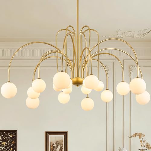 Gold Sputnik Chandelier with Milk Glass Globe 18 Lights L59 Inch