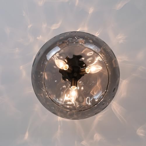 Matte Black Semi Flush Mount Ceiling Fixture Large Smoked Hammered Glass Shade Modern Close to Ceiling Light 14" Art Lampshade for Hallway Foyer Bedroom