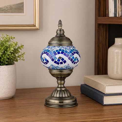 Turkish Moroccan Table Lamp Lantern with Handmade Mosaic Glass Lampshade Tiffany Style Bohemian Stained Glass Decorative Desk Lamps Bedside Night Lights for Bedroom
