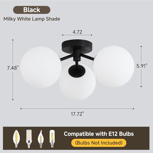 Black Globe Semi Flush Mount Ceiling Light Mid Century Modern Milk Glass