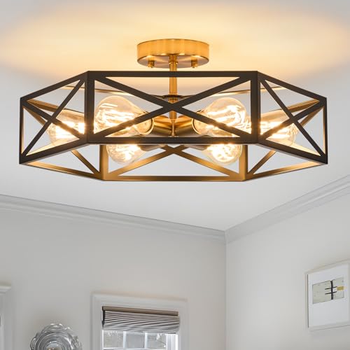 Modern Farmhouse Black and Gold Semi Flush Mount Ceiling Light 19.7 in
