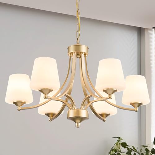 6 Light Modern Gold Chandeliers for Dining Room 47.2'' Adjustable Height Farmhouse Pendant Light with Frosted Glass Shades
