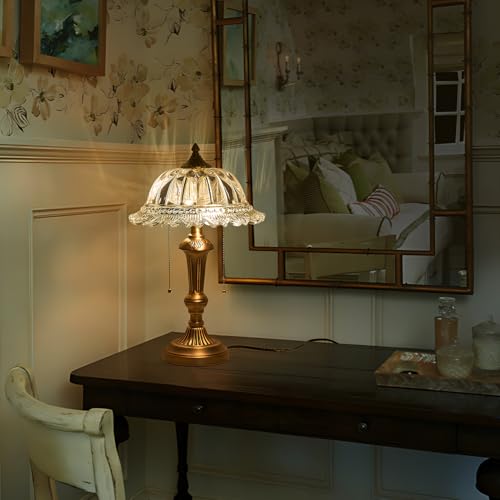 Glass Shade Table Lamp Vintage Brass Metal Desk Lamp 2 Lights Table Light with Plug Switch for Bedroom Living Room Home Office