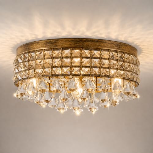 Antique Crystal Flush Ceiling Light (Antique Brass)