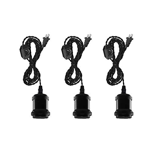 3 Pack 15 ft Plug in Black Twisted Wire Hanging Light Matte Black Base Dimmable Pendant Light Fixture Retro Vintage E26 Edison Socket Ceiling Light for Loft Corridor Dorm Bulb Not Included