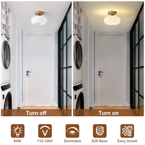 Mid Century Modern Faux Wood Semi Flush Ceiling Light 8.66 Inch