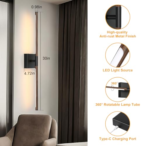 30 Inch Walnut Black Battery Operated Wall Sconces with Remote Control (2 Count)