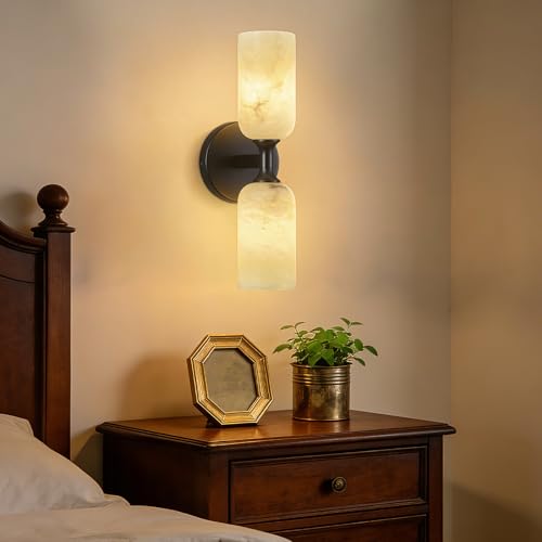 Natural Alabaster Wall Sconces Set of Two Modern Black Wall Lamp14in Milky White Alabaster Vanity Wall Lighting for Bedroom Bathroom Staircases Hallway（Included G9 Bulb） (2 Count)