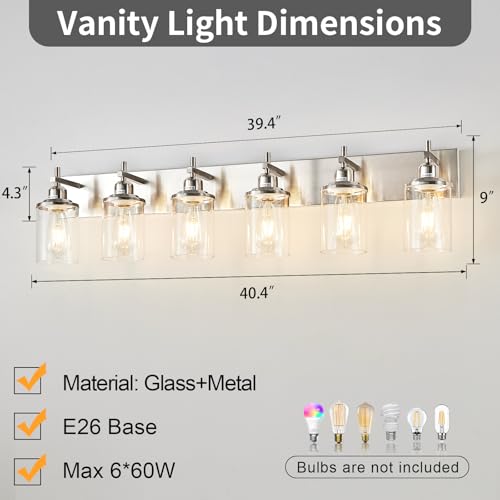 6 Light Brushed Nickel Bathroom Light Fixture Over Mirror Modern Bathroom Vanity Light Vintage Wall Lighting with Clear Glass Shade for Bathroom (6 Count)